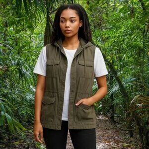 Matty M Women Army Green Cotton Hooded Cargo Utility Vest, XL